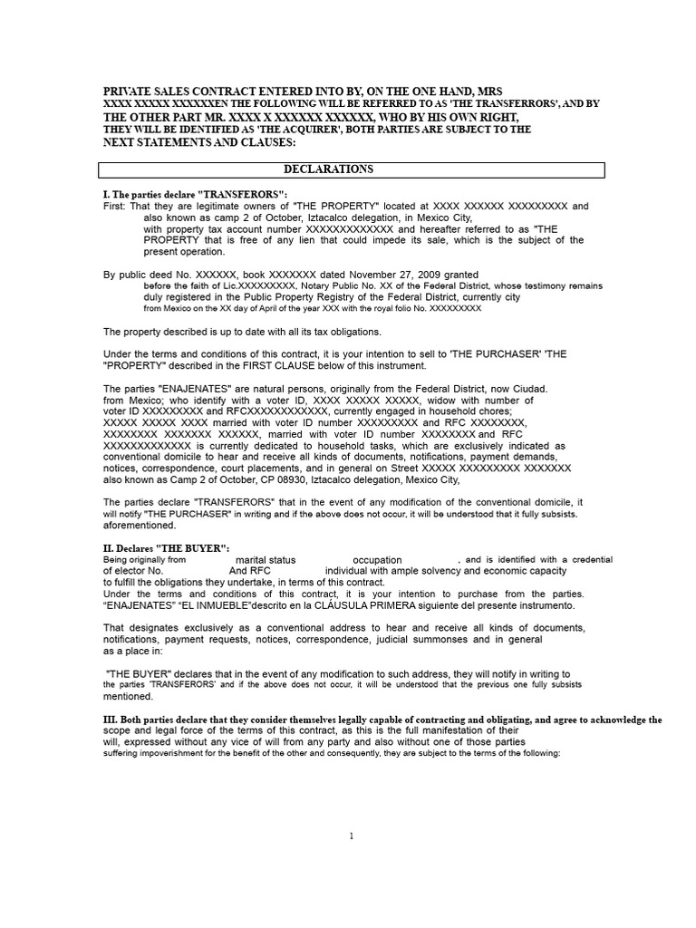 Private Sales Contract for Property Transfer | PDF | Deed | Property