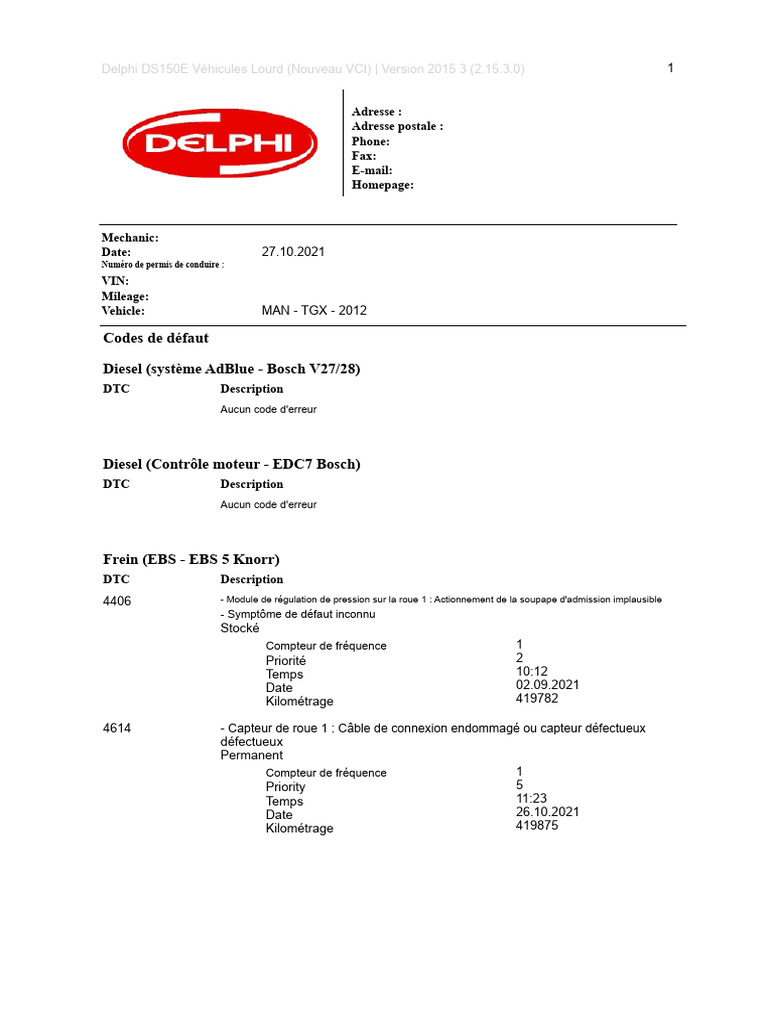 Codes de défaut Delphi DS150E 2015 | PDF | Frein | Véhicules