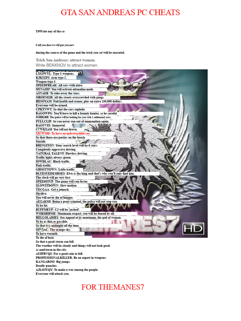 GTA San Andreas PC Cheat Codes Guide | PDF