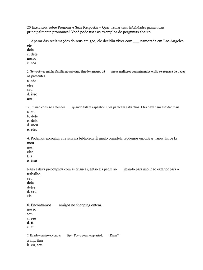20 Exercícios de Pronomes com Respostas | PDF | Pronome