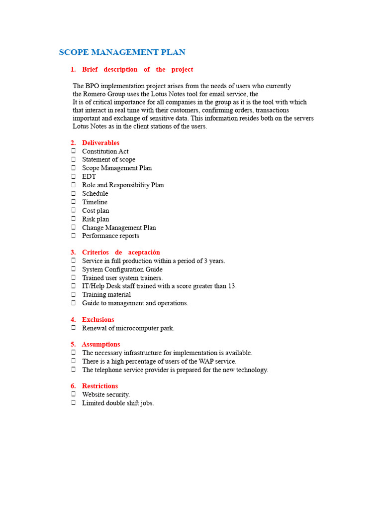 BPO Implementation Scope Management Plan | PDF | Computing ...