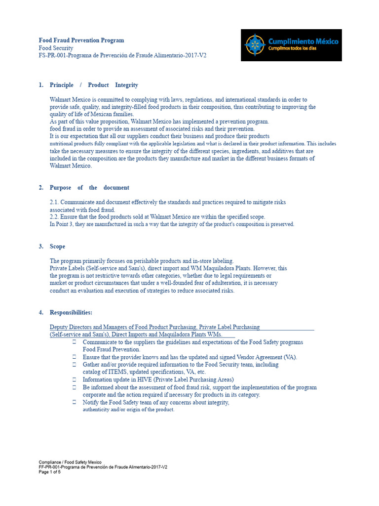 Walmart Mexico Food Fraud Prevention Guide | PDF | Food Safety ...