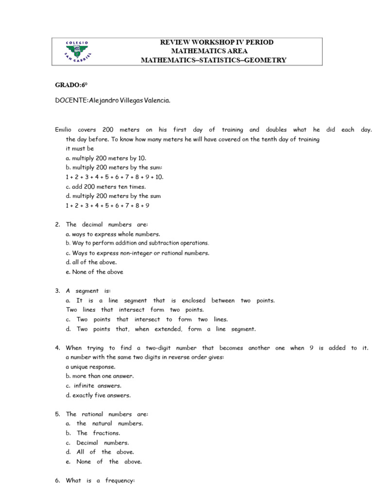 Workshop 6° - Mathematics, Geometry and Statistics | PDF | Area | Numbers