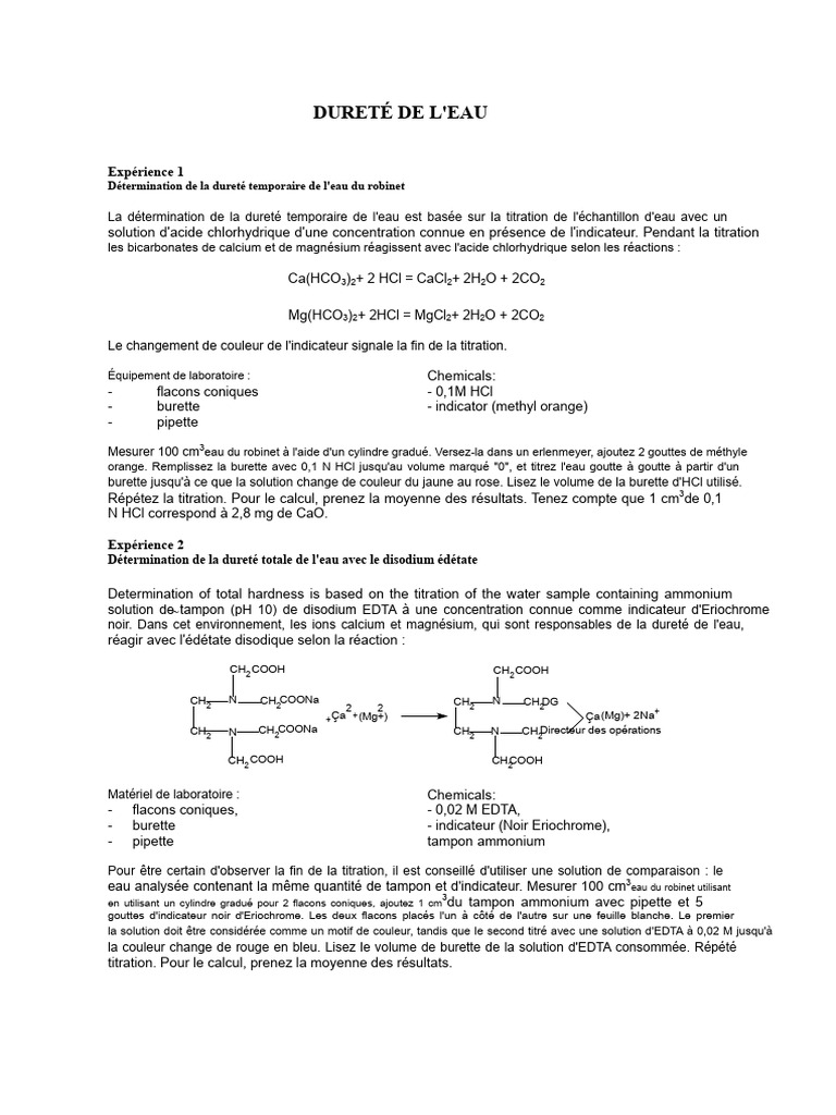 Mesure de la Dureté de l'Eau par Titration PDF Titrage Chimie — free download