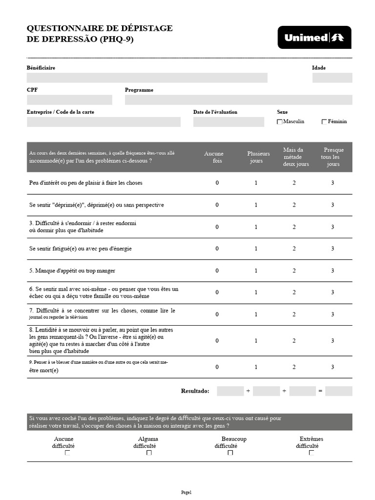 Questionnaire PHQ-9 de Dépistage Dépression | PDF | Dépression ...