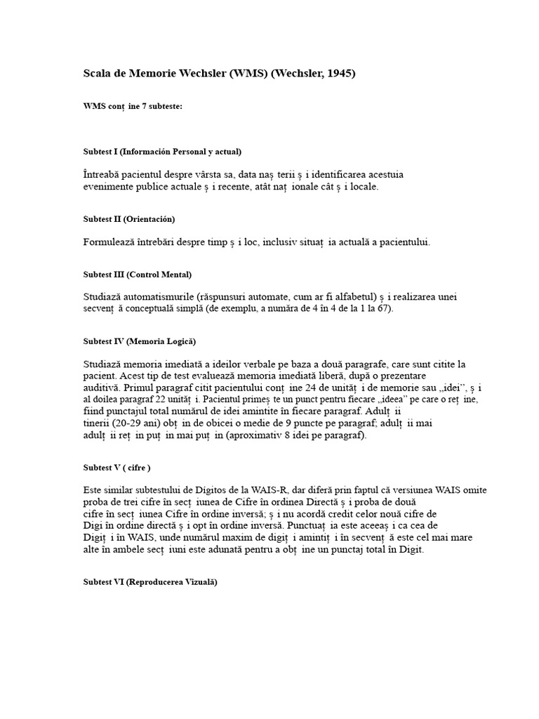 Scala de Memorie Wechsler | PDF