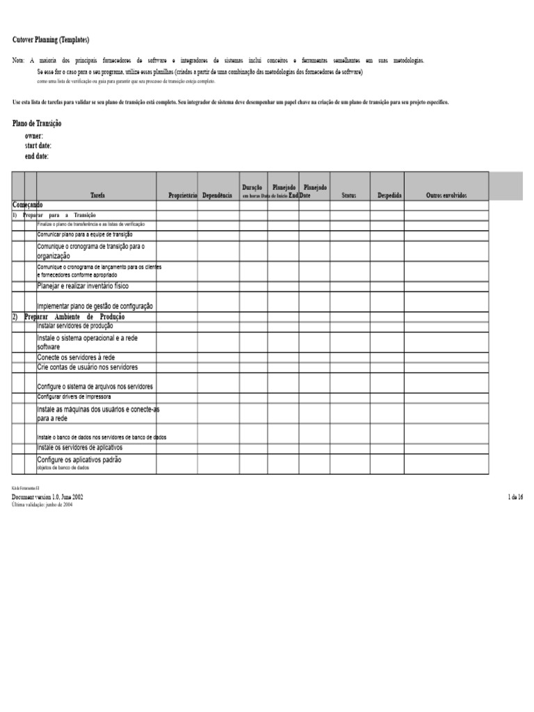 Planejamento de Cutover: Checklist e Tarefas | PDF | Servidor ...