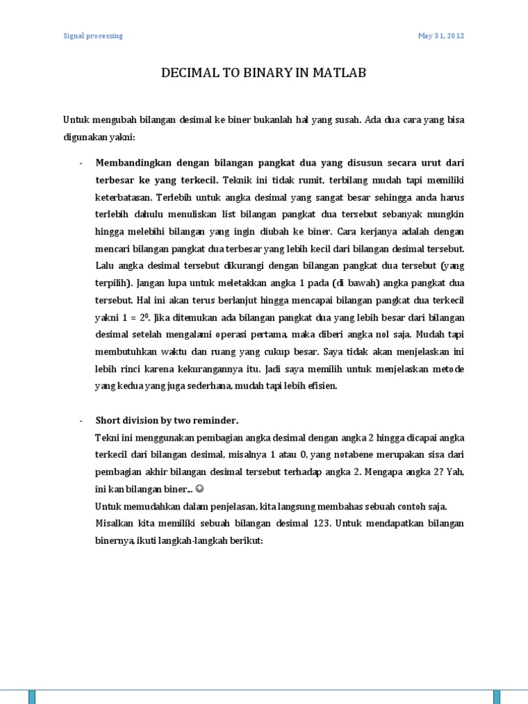 Decimal To Binary in Matlab PDF