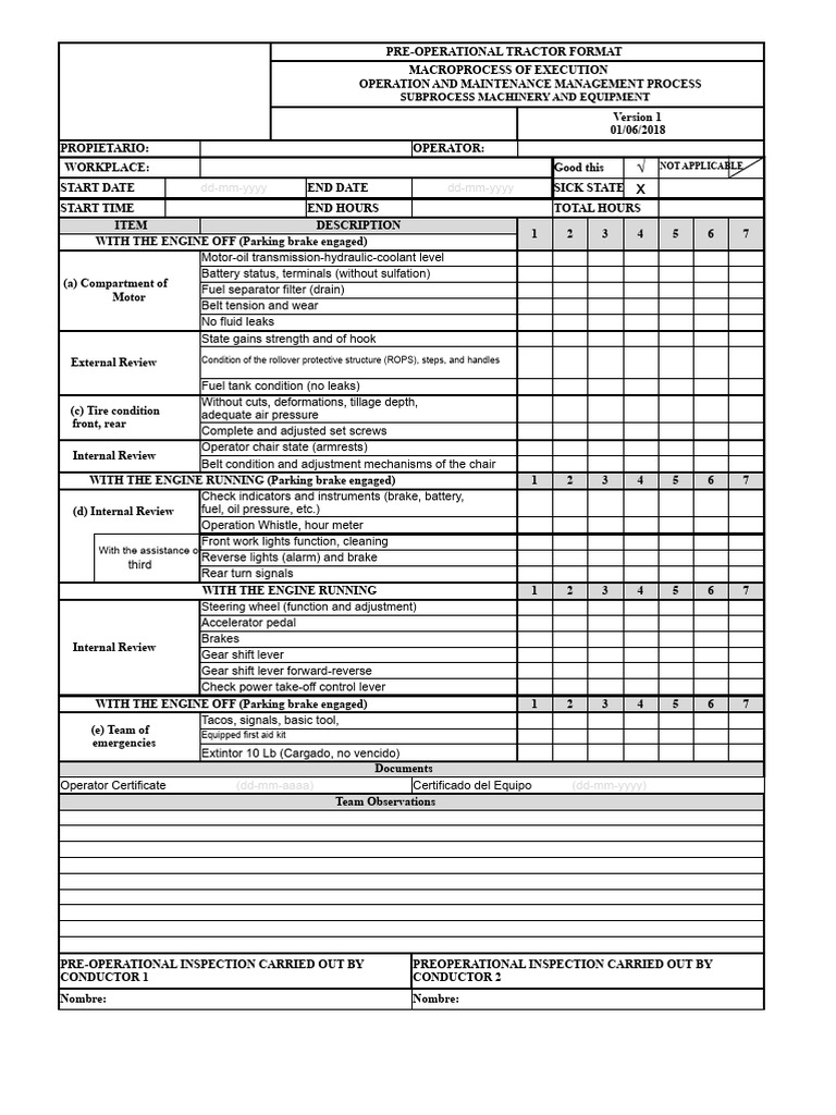 Pre-Operational Tractor Inspection Checklist | PDF | Tractor | Vehicles