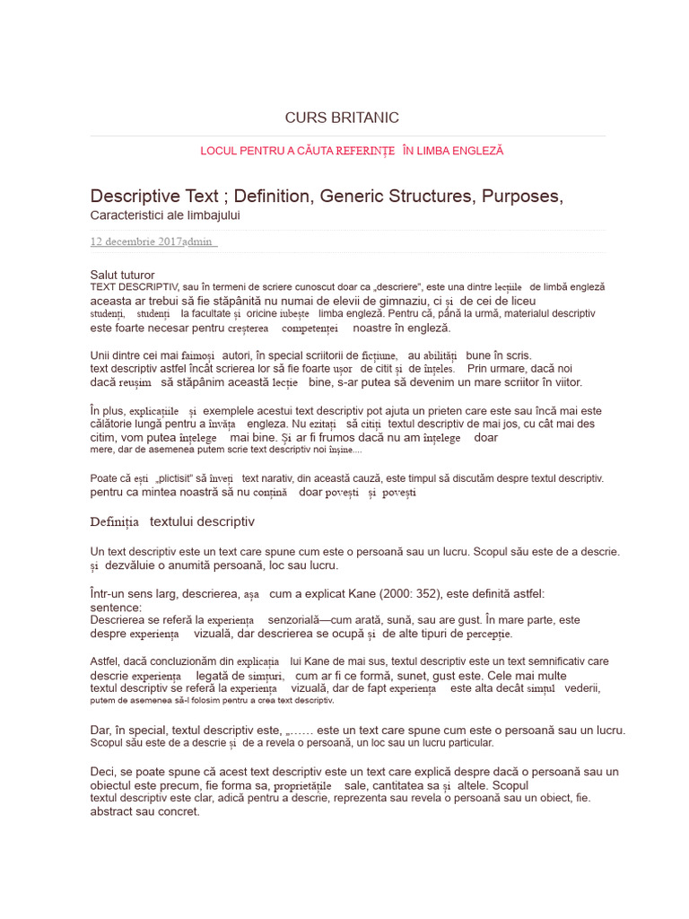 Descriptive Text Definition, Generic Structures, Purposes | PDF