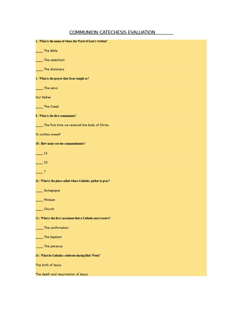 Communion Catechesis Quiz and Evaluation | PDF | Eucharist | Confession ...