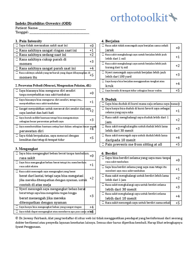 Indeks Disabilitas Oswestry (ODI) | PDF