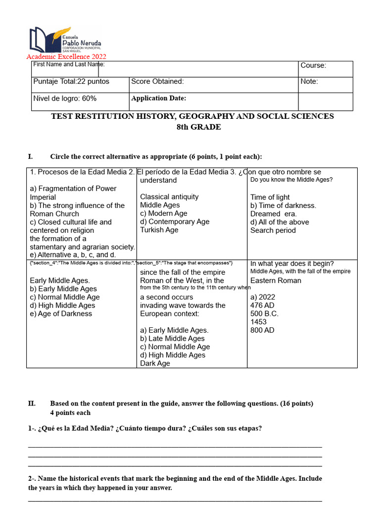 8th Grade Middle Ages Test Guide | PDF | Middle Ages | Europe