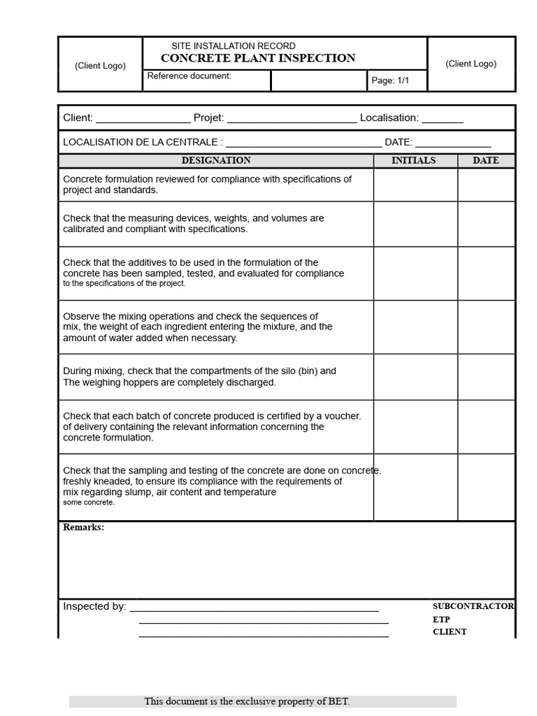 Concrete Plant Inspection Record | PDF | Concrete | Materials