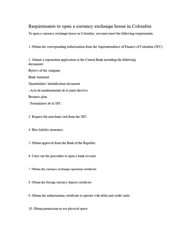 Requirements To Open A Currency Exchange House in Colombia | PDF ...