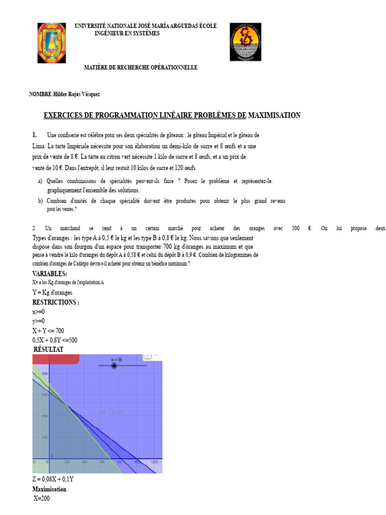 Exercices de programmation linéaire en optimisation | PDF ...