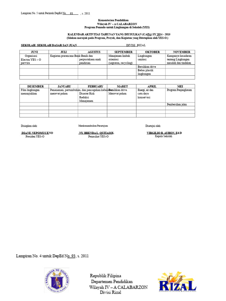 Kalendar Aktivitas YES-O Sekolah 2014-2015 | PDF