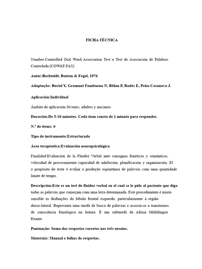 Teste COWAT: Avaliação de Fluência Verbal | PDF | Neuropsicologia ...