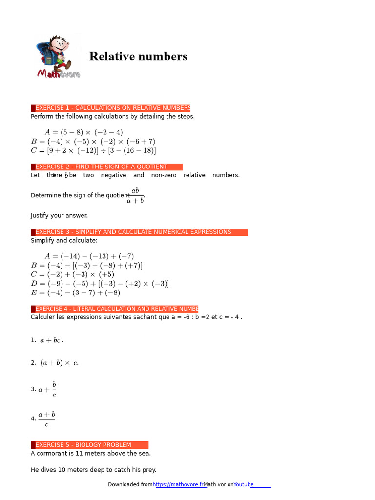 Exercises on Relative Numbers | PDF | Multiplication | Elementary ...