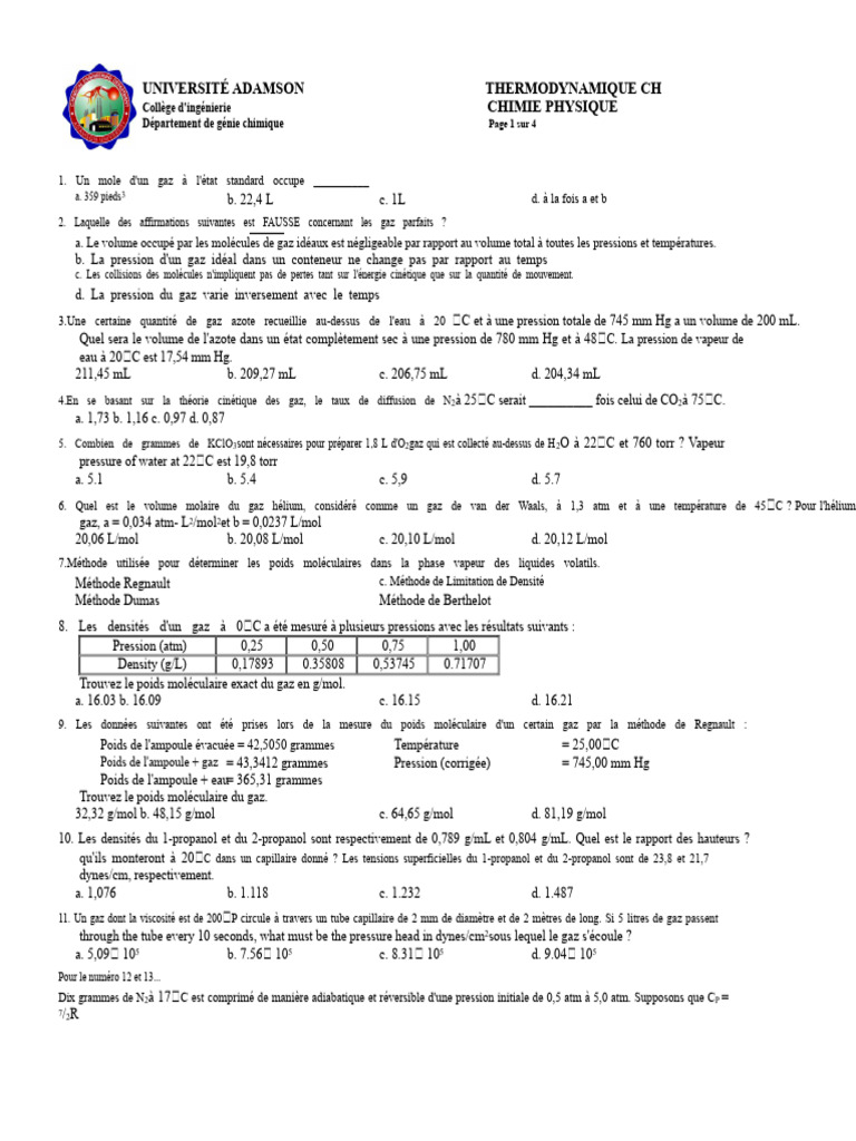 Questions de thermodynamique et chimie physique | PDF | Chaleur ...