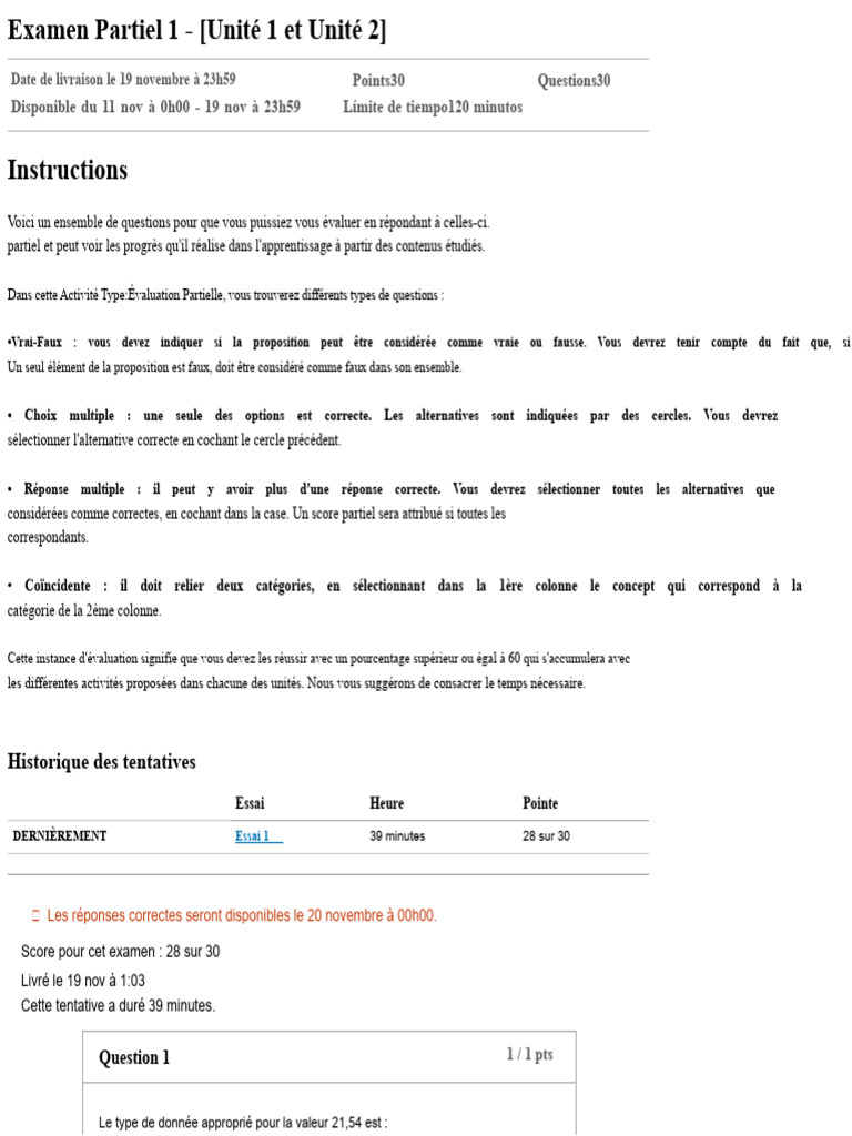 Examen Partiel 1 : Unités 1 et 2 | PDF | Programmation informatique ...