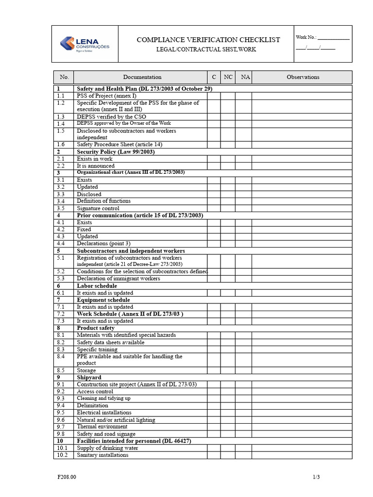 F208 - Checklist For Verification of Legal Contractual Compliance SHST ...