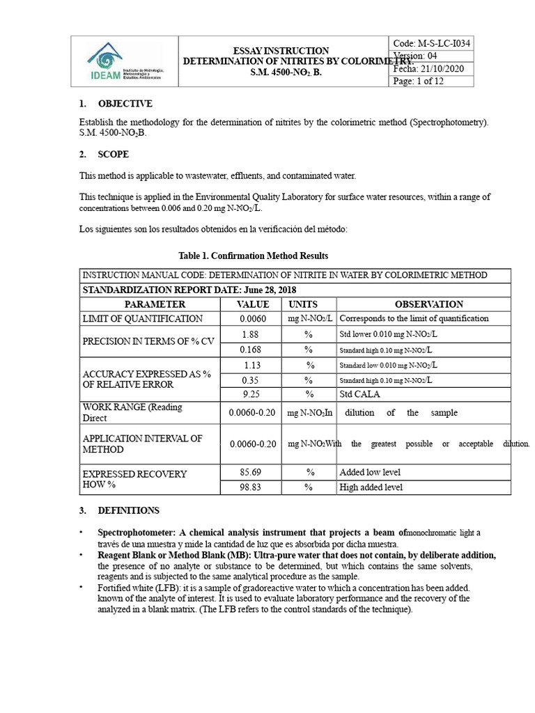 Nitrite Determination by Colorimetry | PDF | Detection Limit | Titration