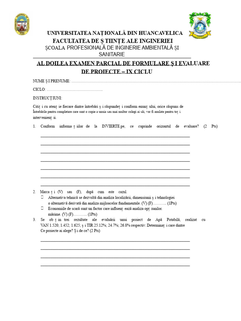 Examen Final Formulare Și Evaluare A Proiectelor | PDF