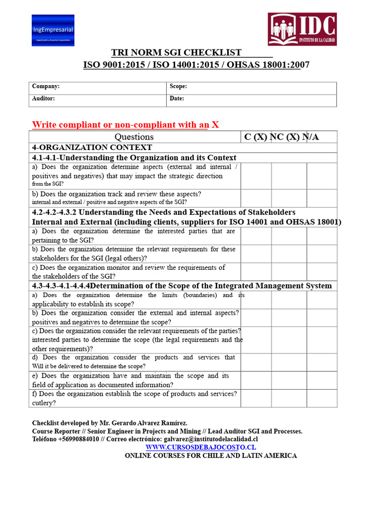 3 - Checklist For Tri Standard 9001 14001 18001 Rev 00 | PDF | Risk ...
