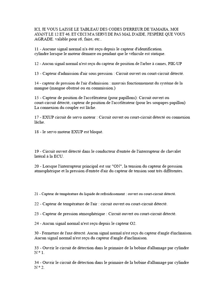 Codes d'erreur Yamaha R6 et solutions | PDF | Allumage | Injection (moteur)