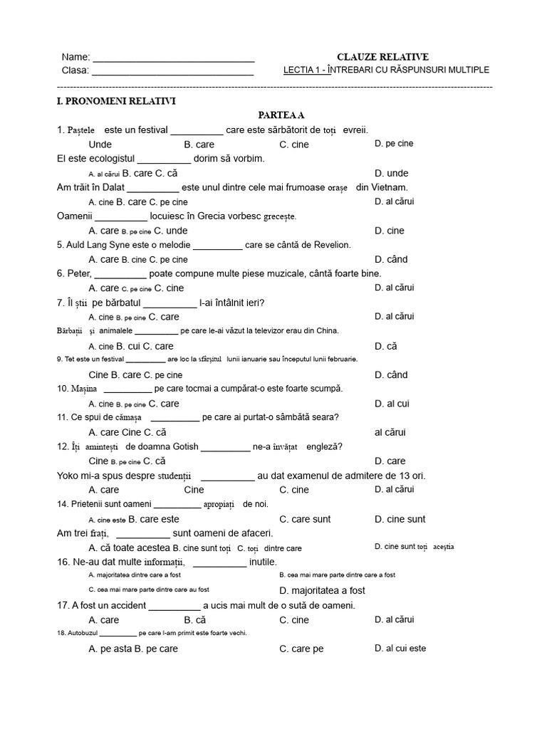 Clauze Relative - 1 - Întrebare Multiple | PDF