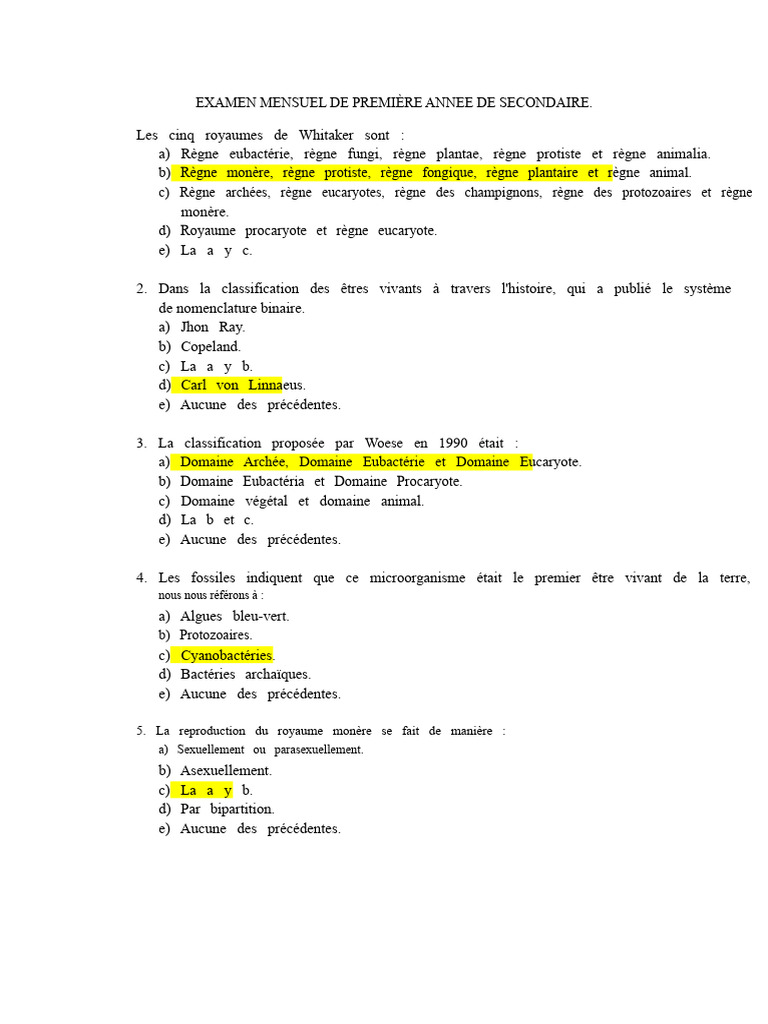Examen de biologie : Classification des êtres vivants | PDF