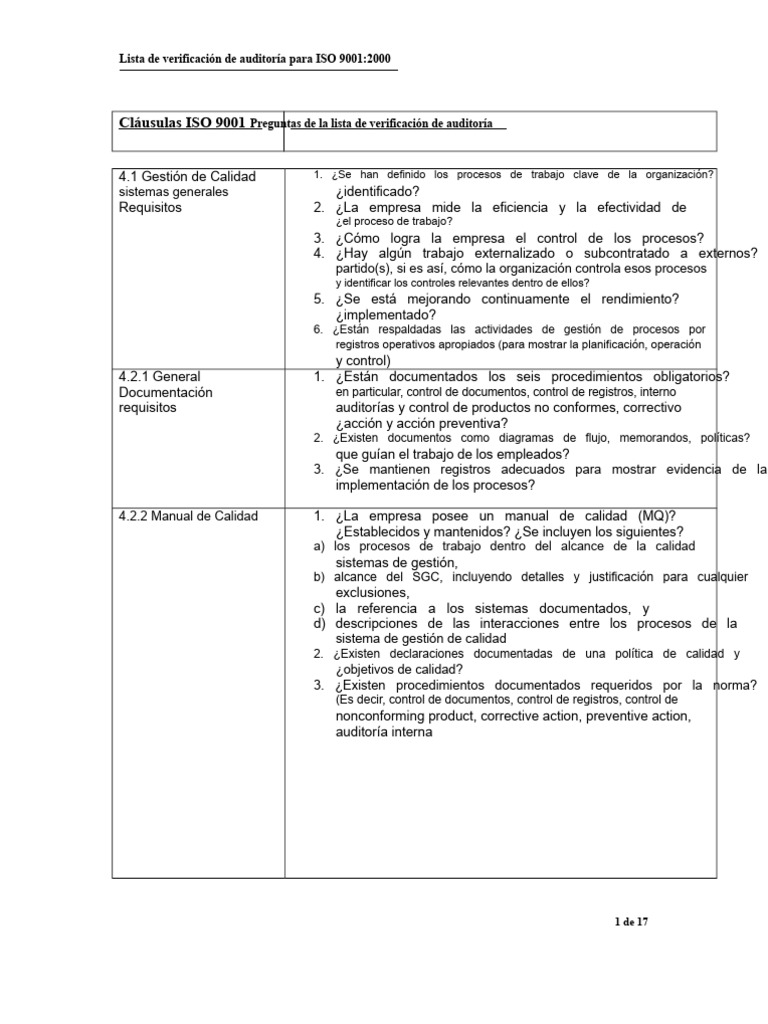 Lista de Verificación de Auditoría para ISO 9001 Doc 138646562 | PDF ...