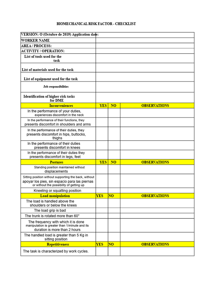 BIOMECHANICAL RISK - Checklistoctober18,2019 | PDF | Anatomical Terms ...