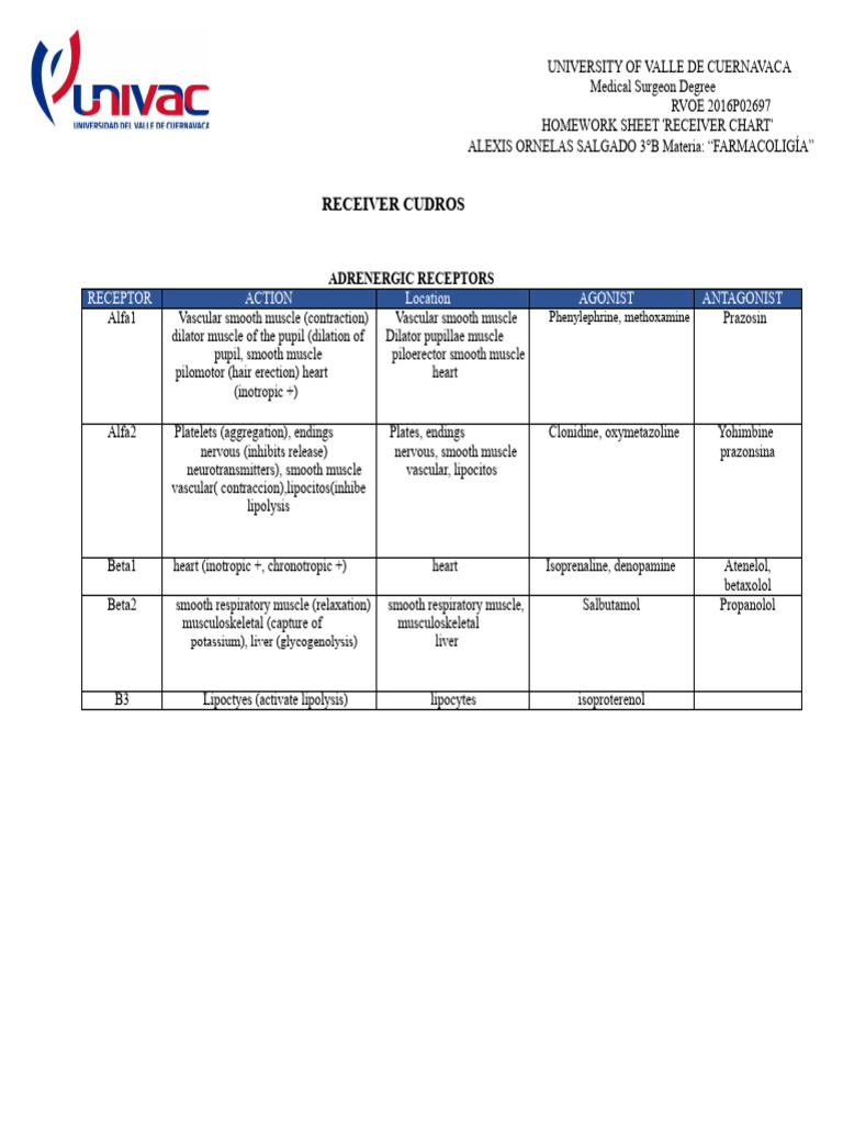Pharmacology Receptors Chart Alexis Ornelas Salgado 3°b | PDF | Nmda ...