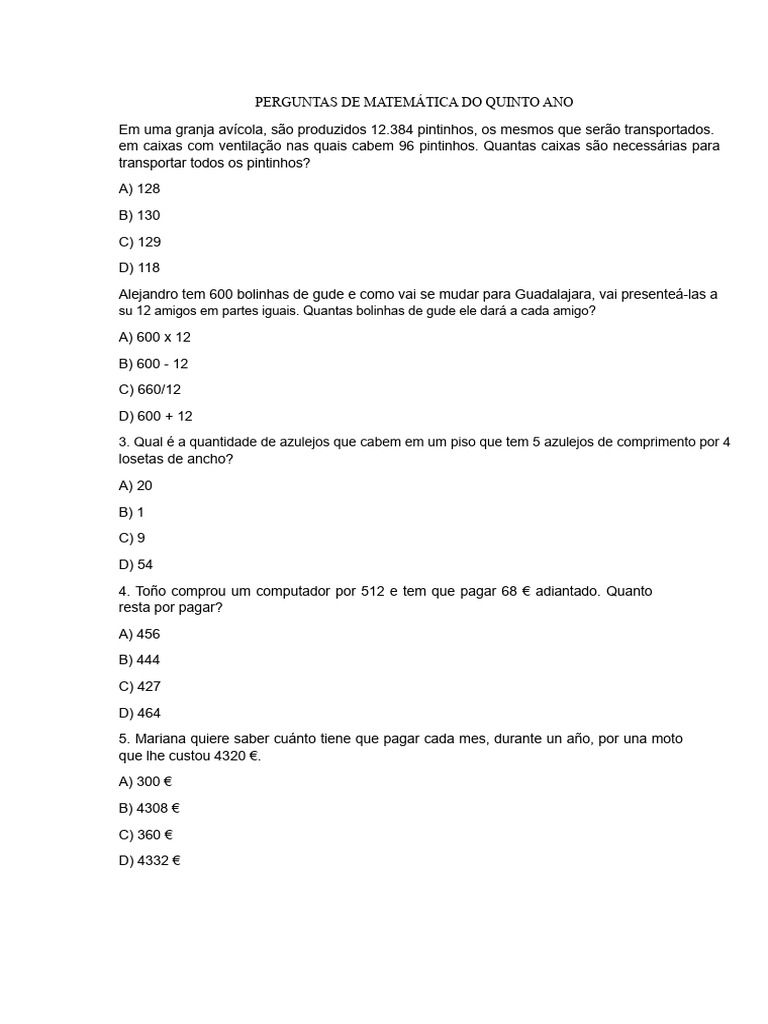 Perguntas de Matemática Do Quinto Ano | PDF | Triângulo | Formas ...