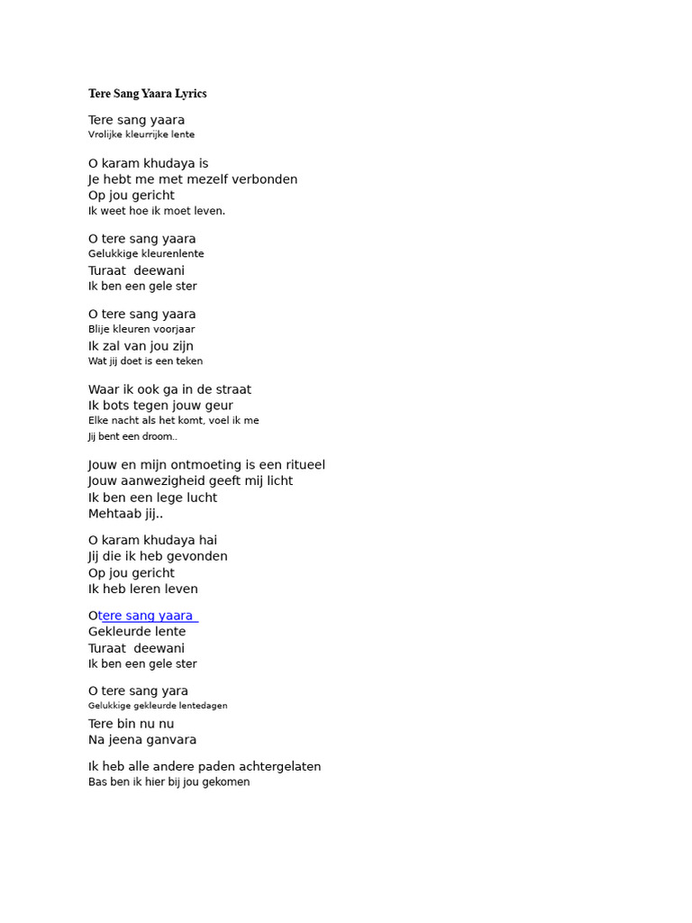 Tere Sang Yaara Teksten PDF