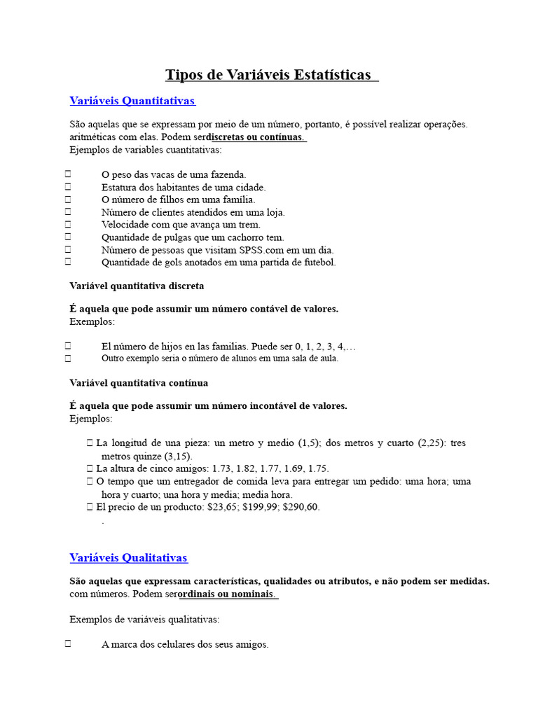 Tipos de Variáveis Estatísticas Explicadas | PDF