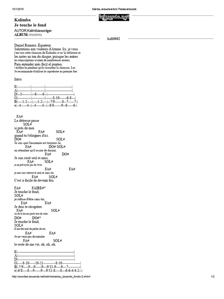 Paroles et accords de "Je touche le fond" | PDF | Chansons ...