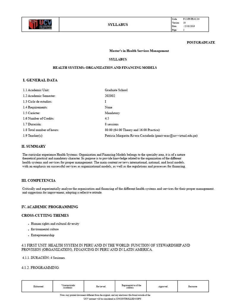 Syllabus Health Systems | PDF | Insurance | International Labour ...