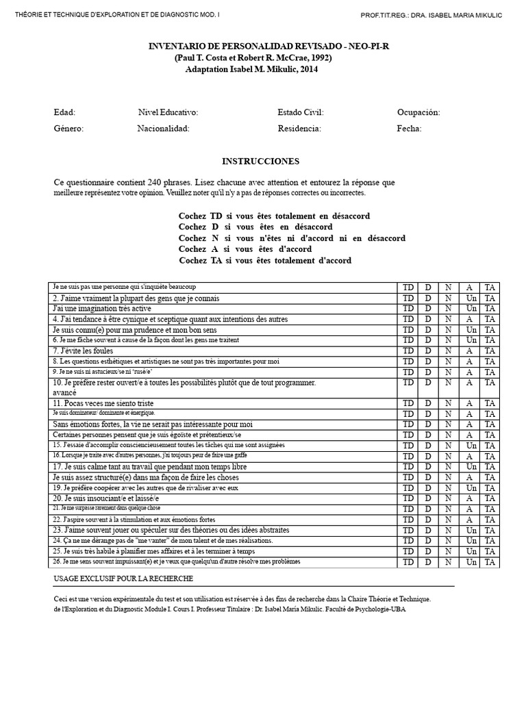 Questionnaire NEO-PI-R pour la personnalité | PDF | Psychologie ...