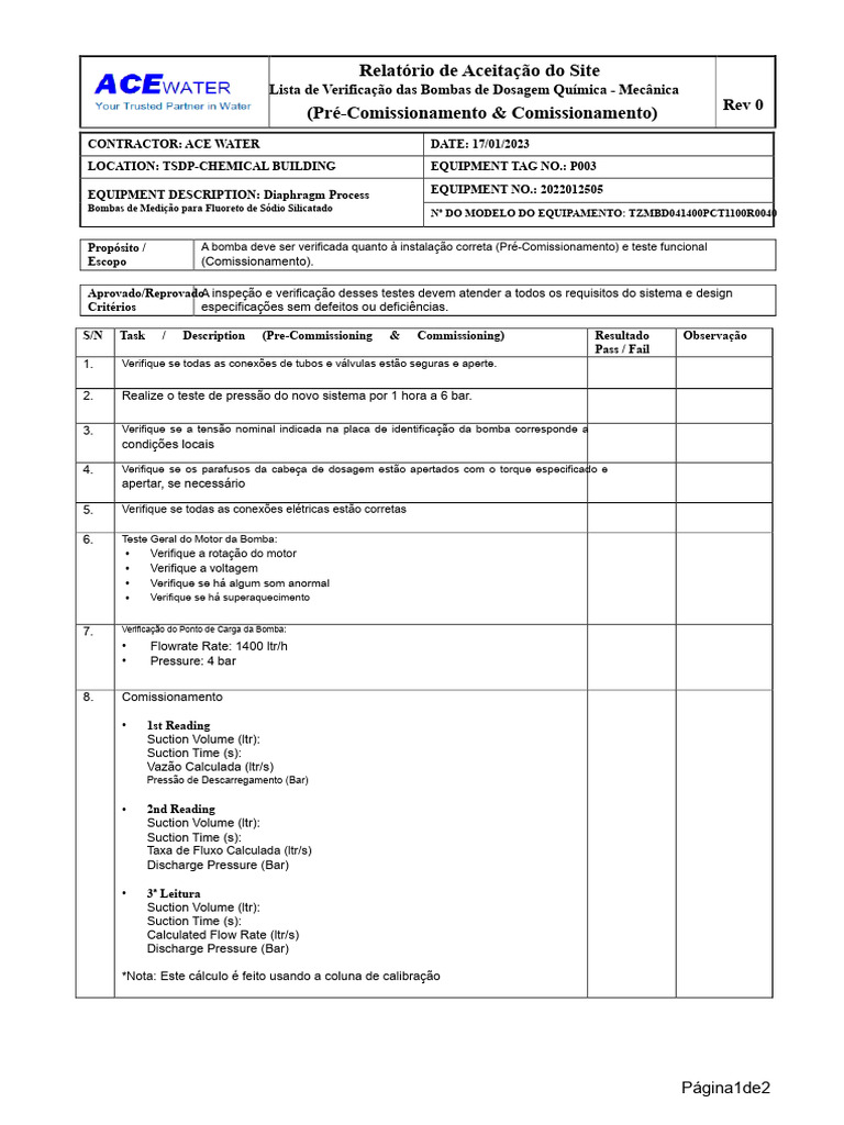 Checklist de Comissionamento de Bombas | PDF | Bomba