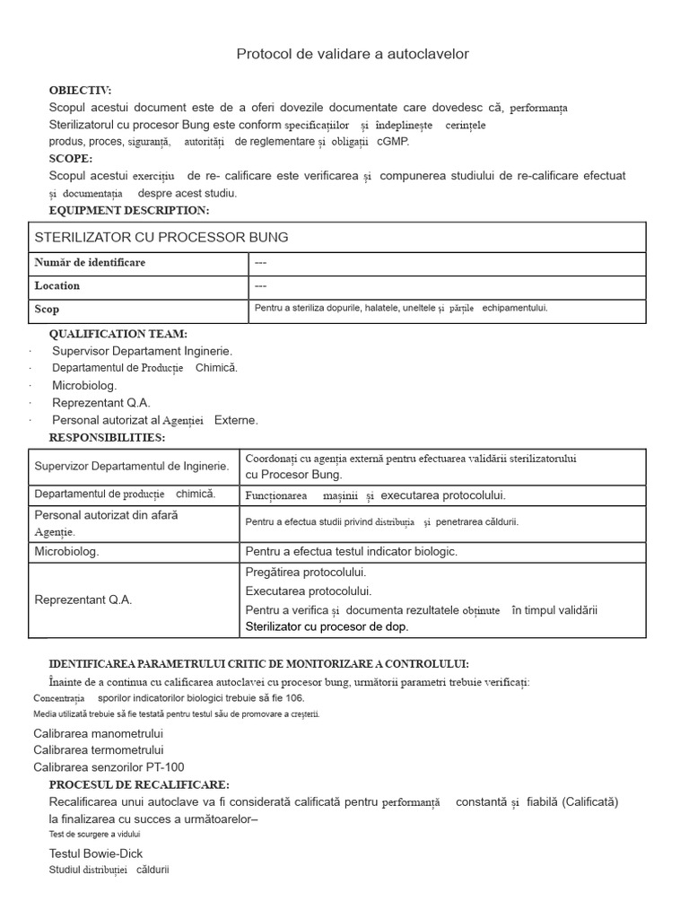 Protocol de Validare A Autoclavelor | PDF