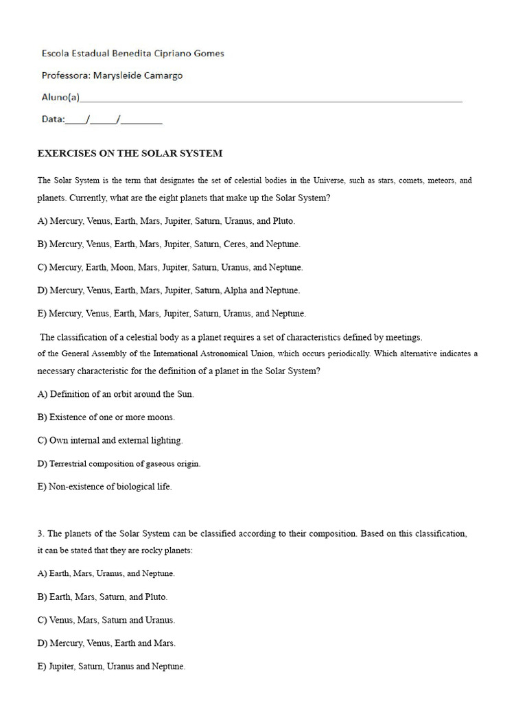 Exercises About The Solar System | PDF | Planets | Solar System