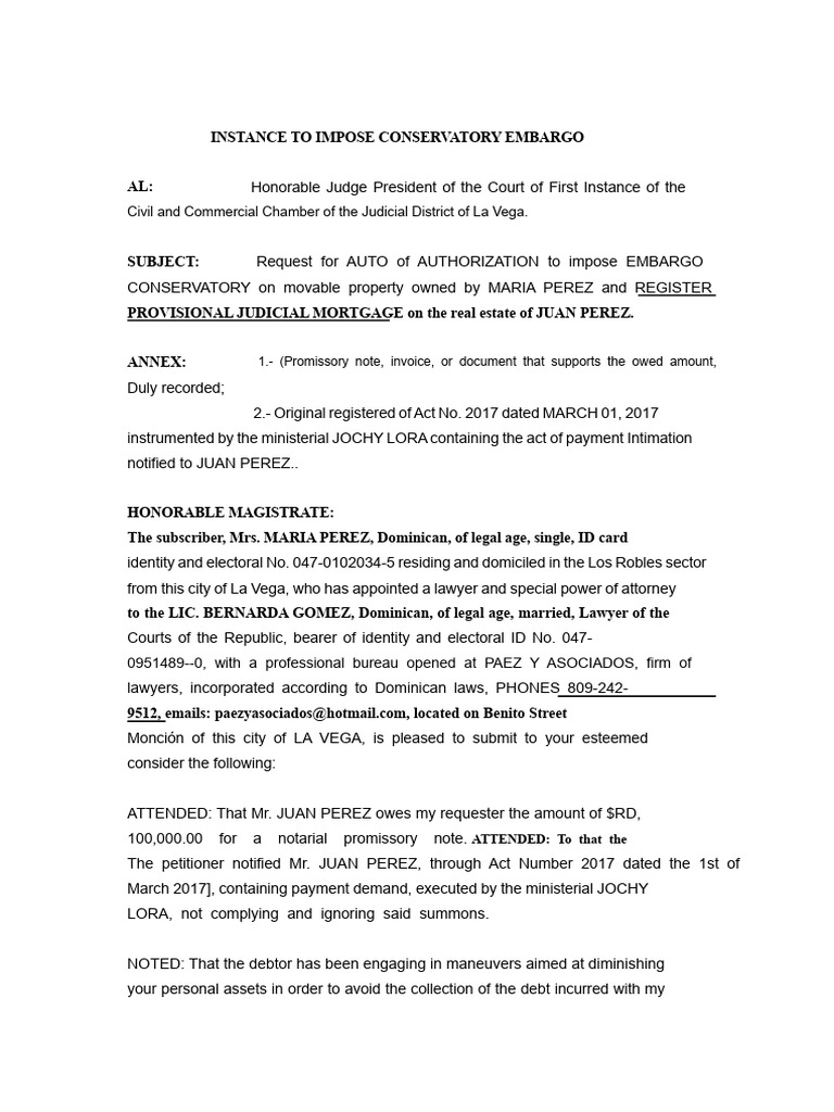 Conservatory Embargo Request for Debt | PDF | Justice | Crime & Violence