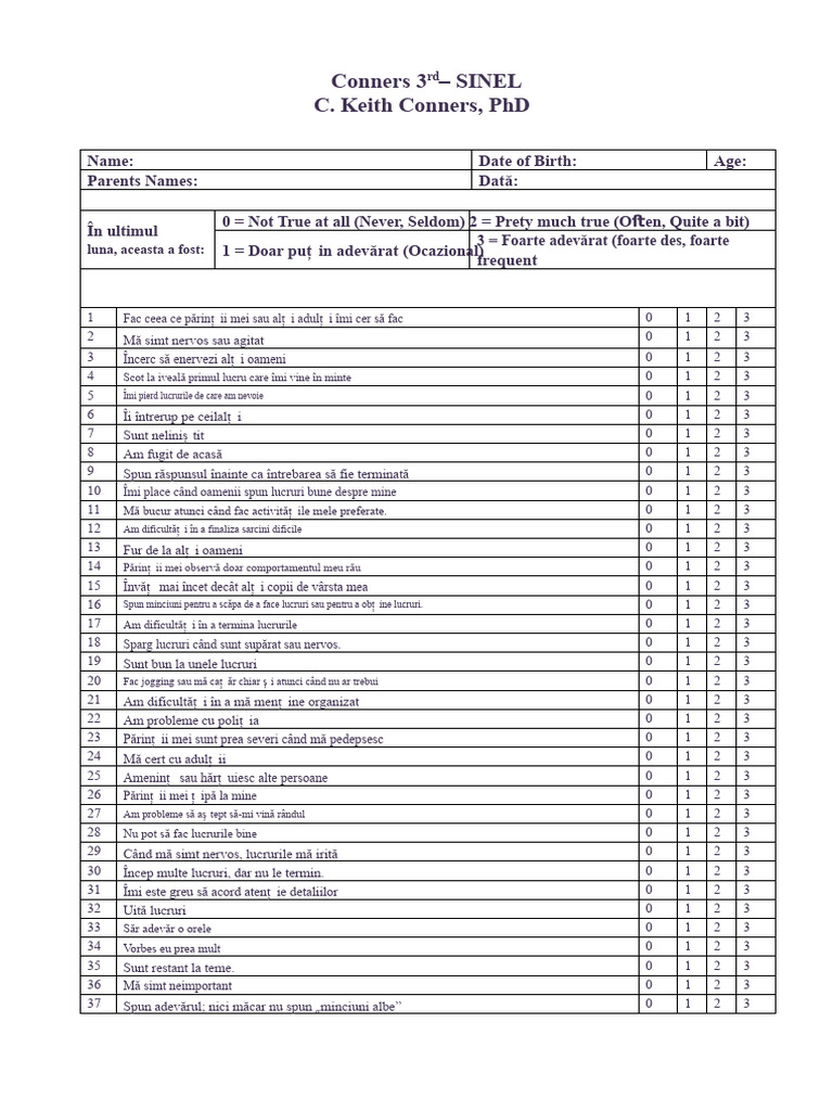 Conners 3 - Autoevaluare | PDF