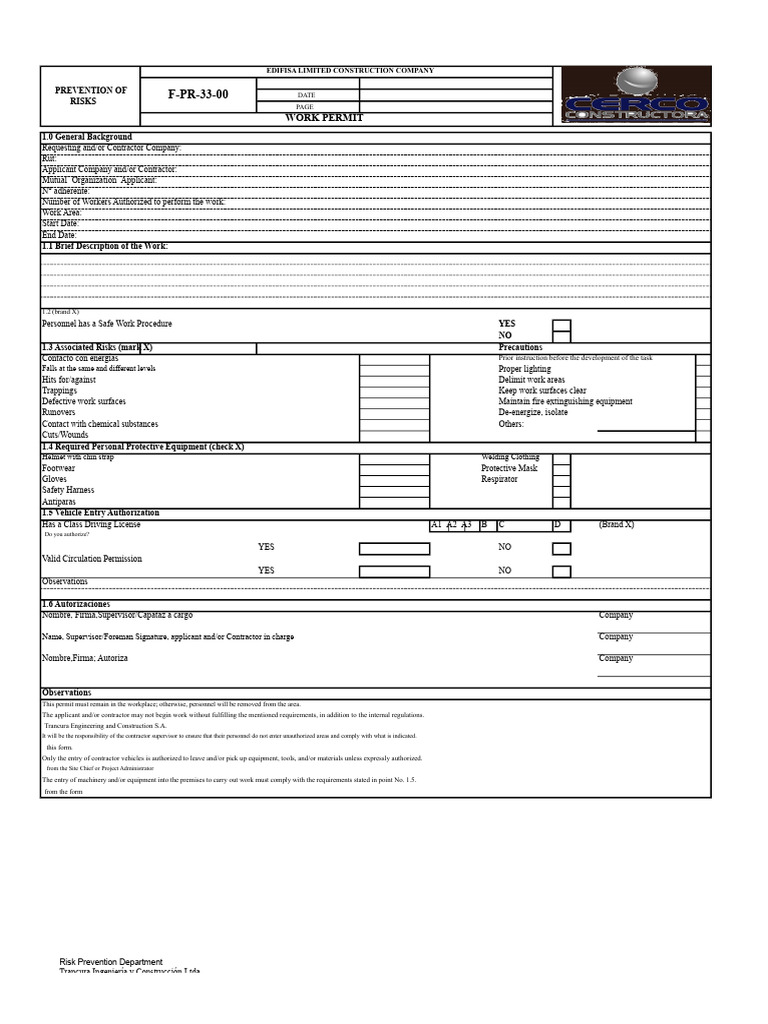 Work Permit and Risk Prevention Guide | PDF | Personal Protective ...
