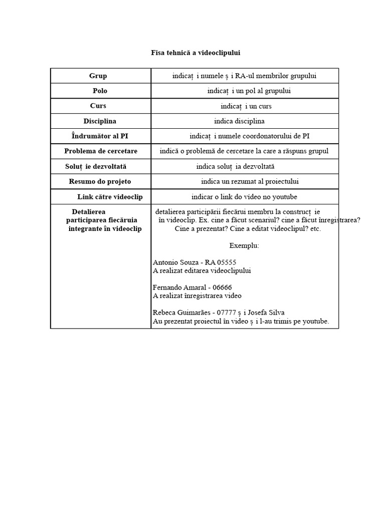 Modelul Fișei Tehnice A Proiectului Video Integrator Univesp | PDF