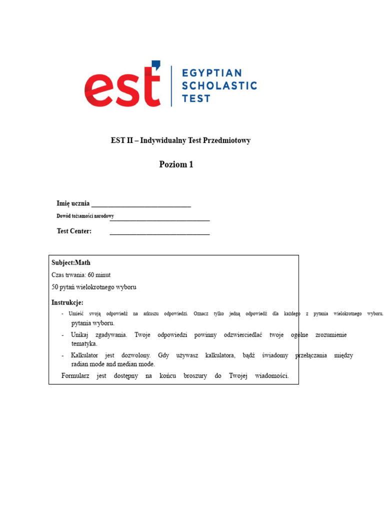 EST II - Matematyka Poziom 1 - Czerwiec 2021 | PDF