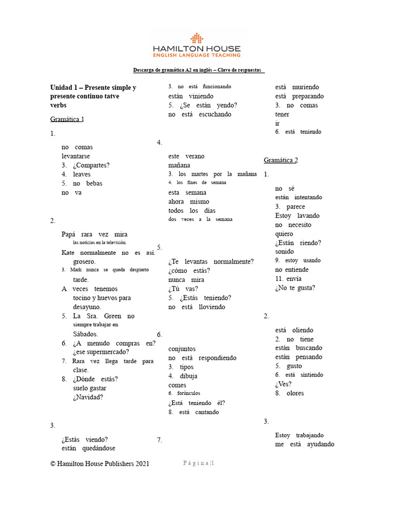 Gramática A2 Inglés: Clave de Respuestas | PDF
